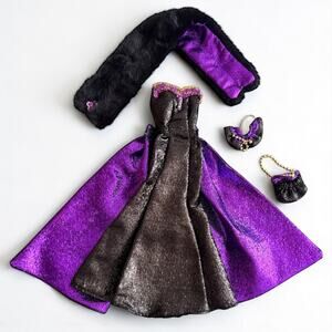 Barbie 90s Clone Brass Key Ball Gown Purple Black Dress Hat Purse Fur Stole